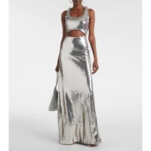 Paco Rabanne Silver Sequin Cut Out Gown Maxi Dress Size US 12 FR 44 Spring '24